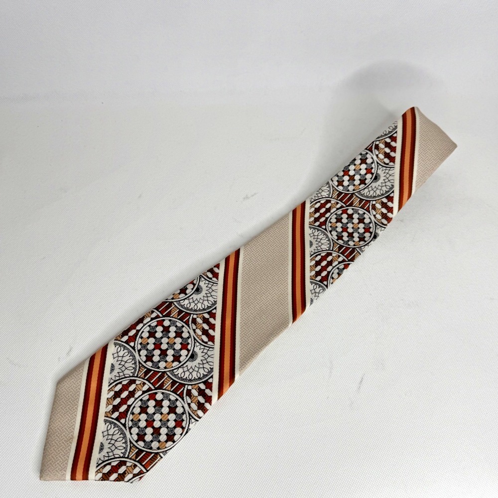 HOLLYVOGUE VTG 60s 70s Polyester Brocade‎ WIDE Tie Tan Brown Orange Retro